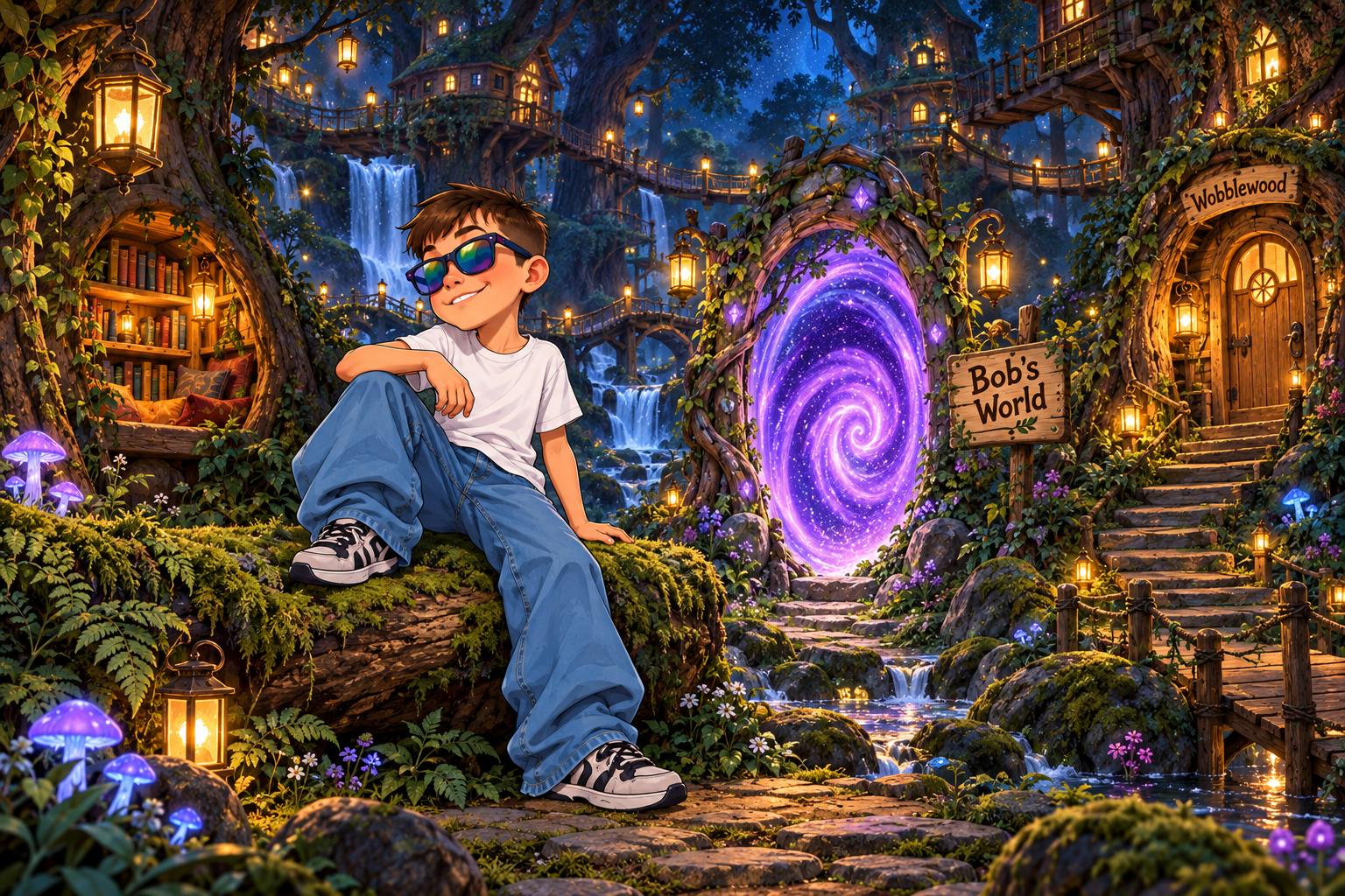 Bear, in sunglasses, white T-shirt, jeans and trainers, sitting beside a glowing purple portal in a lantern-lit woodland.