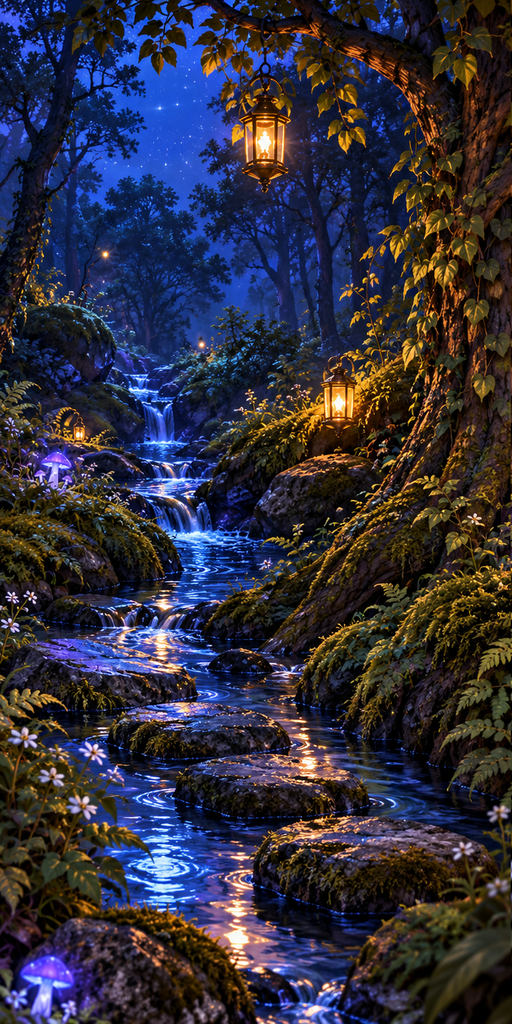 A woodland stream winding around stepping stones.