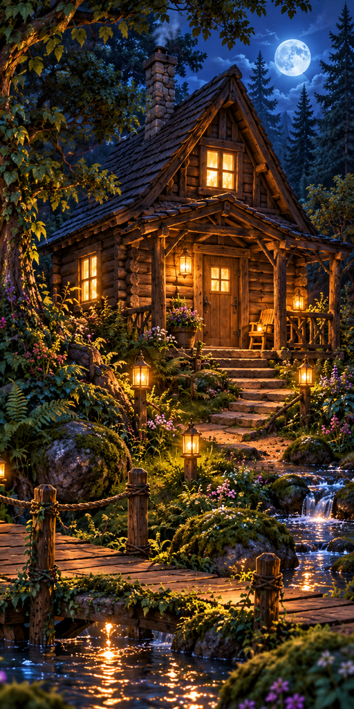 A timber log cabin with warm windows, a porch and a woodland path.