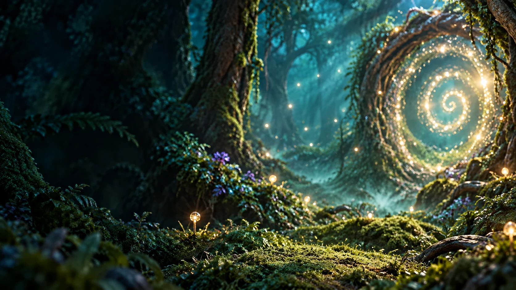 An enchanted woodland with a glowing spiral portal.
