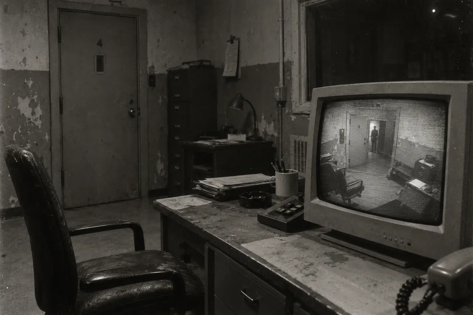 An empty observation room. A monitor shows something different.