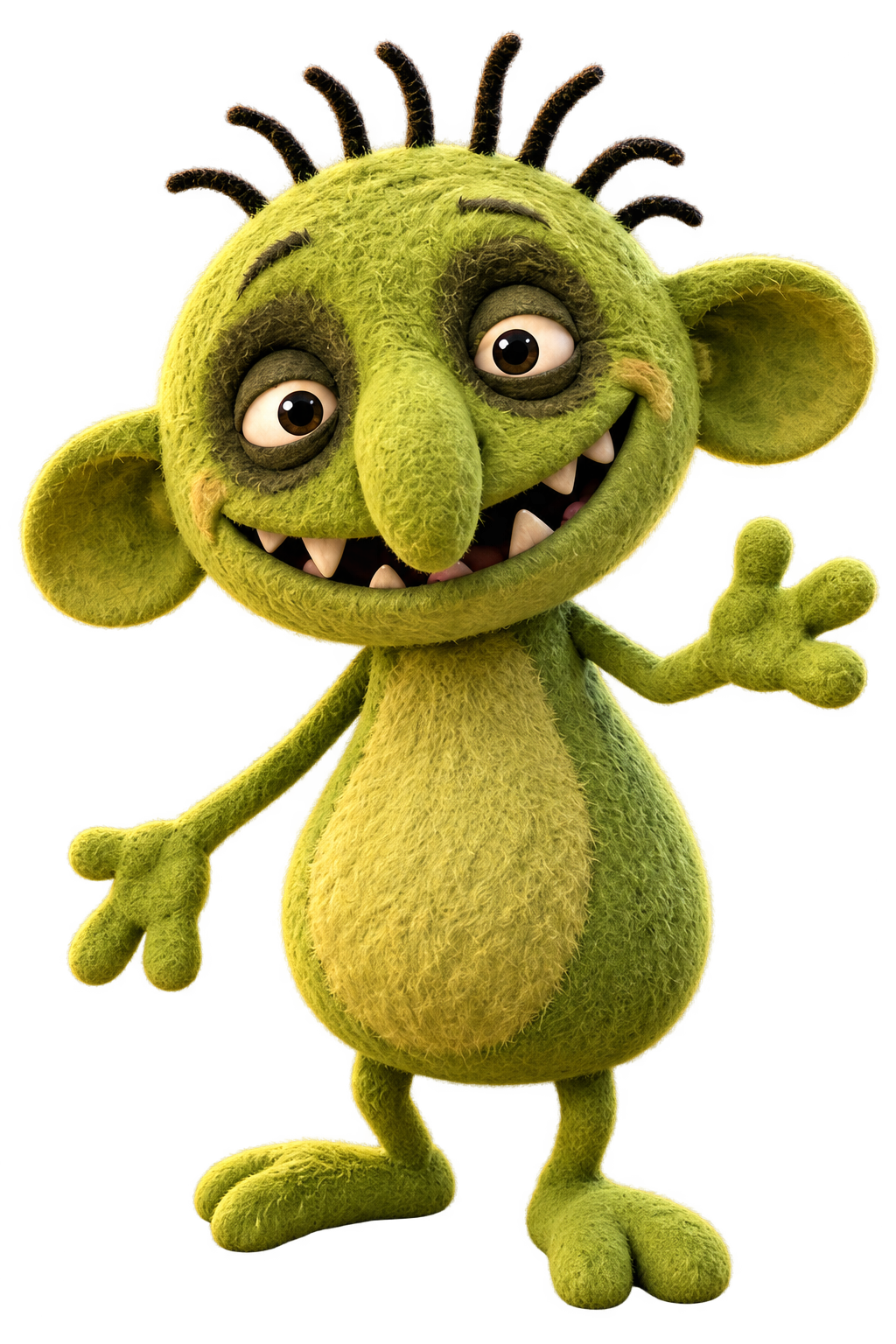 Salady, a mischievous green woodland creature with big ears and a toothy grin